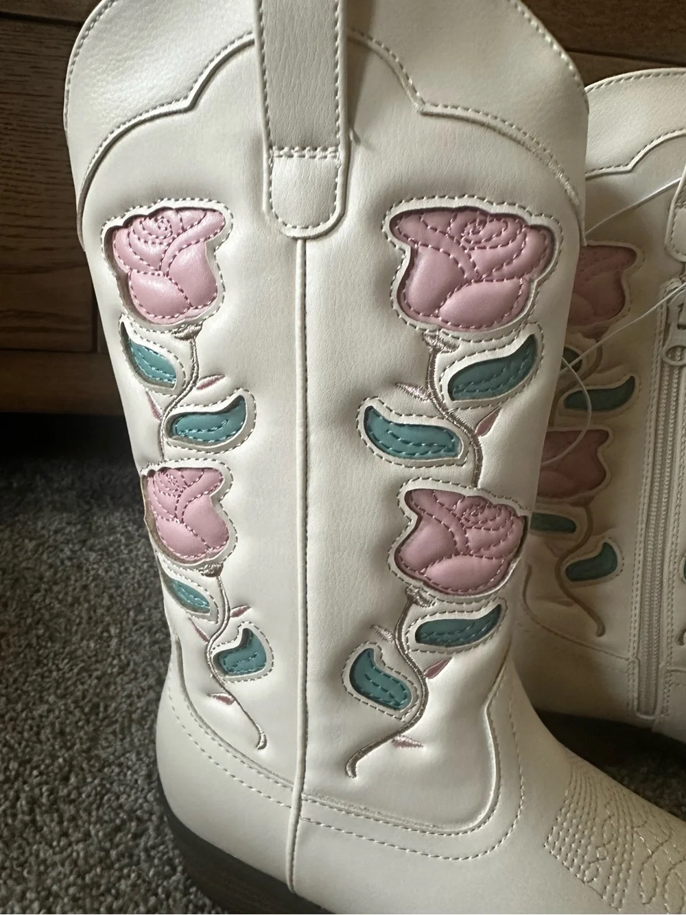 NWT art class Cream Kids' Western Boots with Pink Rose Floral & Teal Leaves